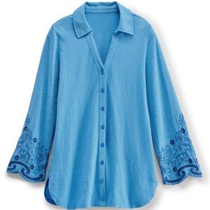 Soft Surroundings Blue Embroidered Cutwork Trim shirt
